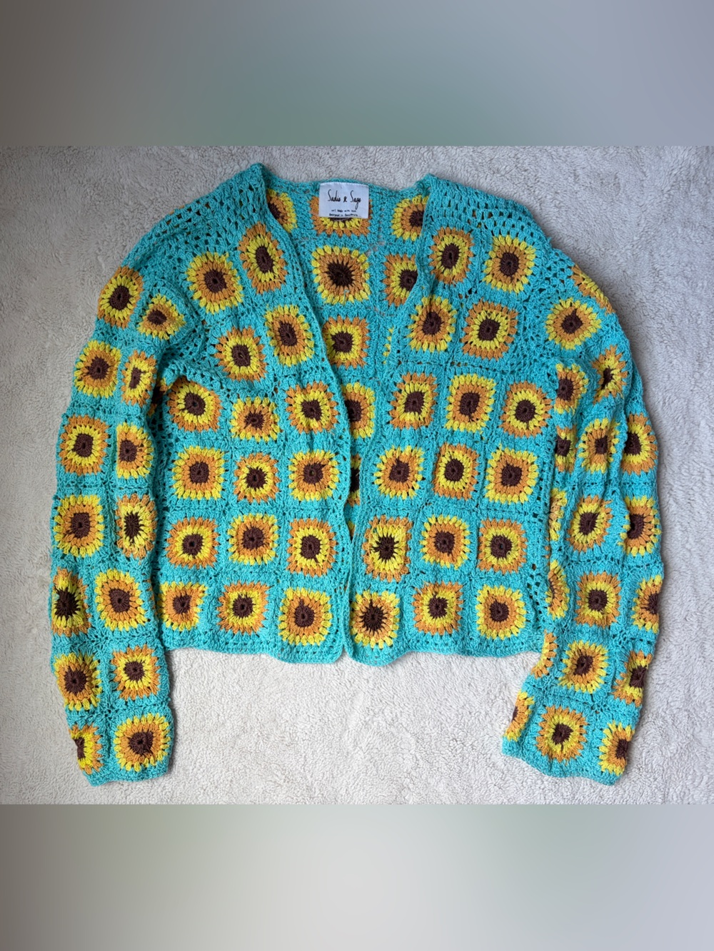 Sadie & Sage Turquoise Sunflower Crochet Cardigan Sweater Women Size Medium